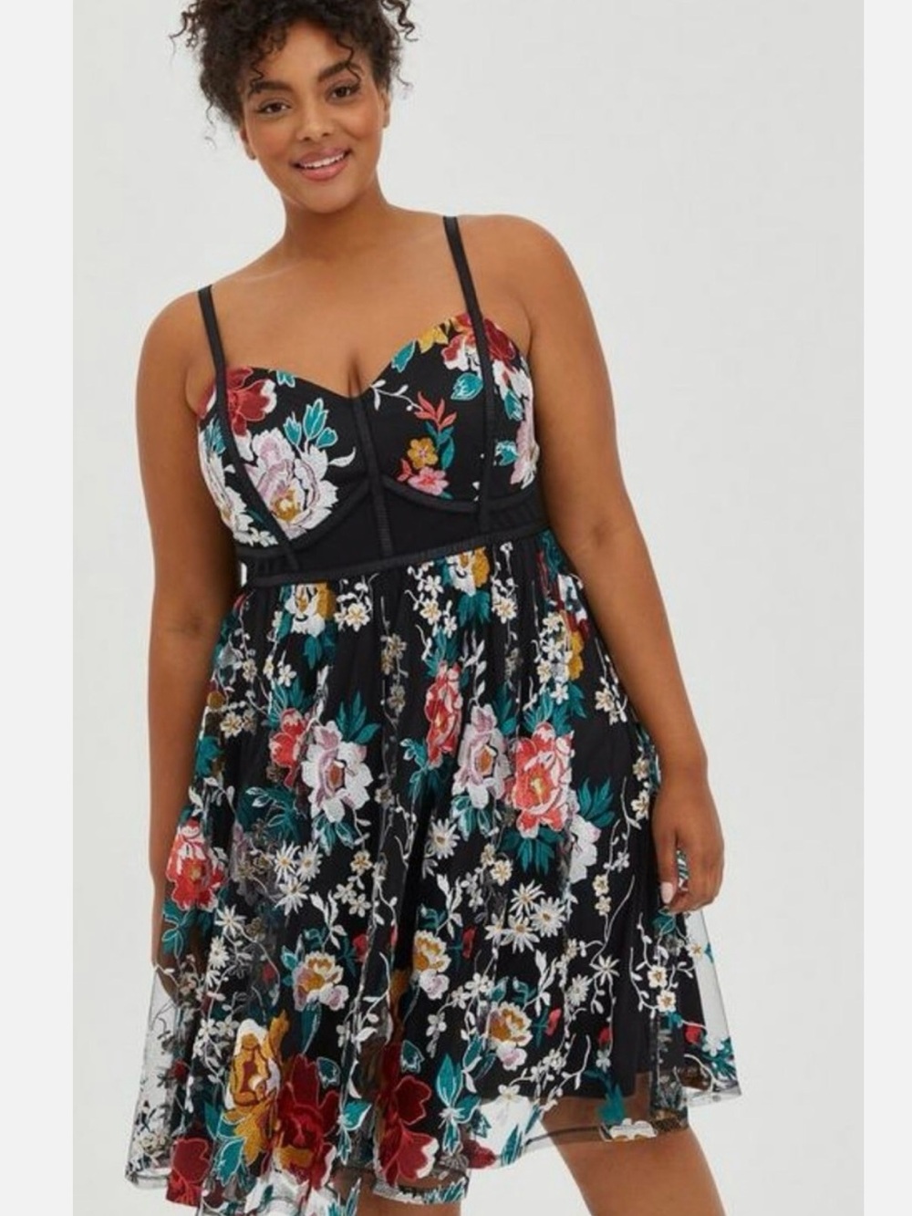 Torrid Black Floral Embroidered Mesh Midi Dress with Spaghetti Straps Size 18